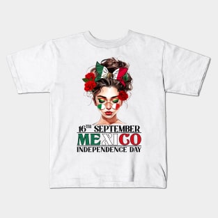 Messy Bun Mexican Flag Independence Day Kids T-Shirt